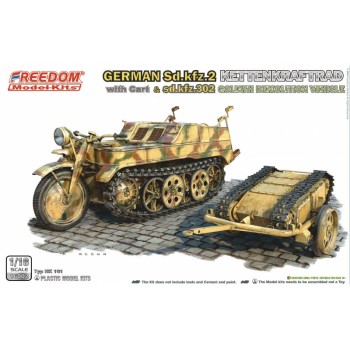 freedom German Sd.Kfz.2 Kettenkraftrad with Cart & Sdkfz 302 Goliath Demolition Vehicle 1/16