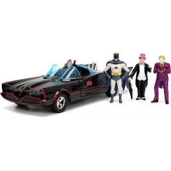 jada DC COMICS BATMOBILE DELUXE W/ BATMAN ROBIN JOKER PINGOUIN BLACK 1966 1/24 33737